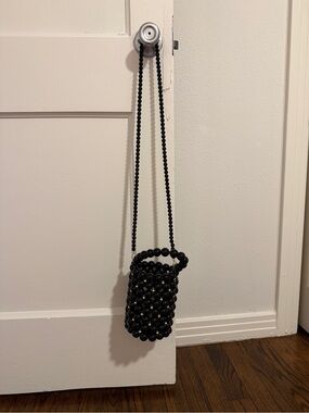 Black Beaded Mini Crossbody Bucket Bag